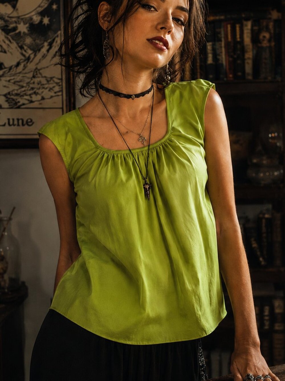 Vintage Y2K Citron Santa Monica Silk Top XS Lime Green Cap Sleeve Artsy Funky